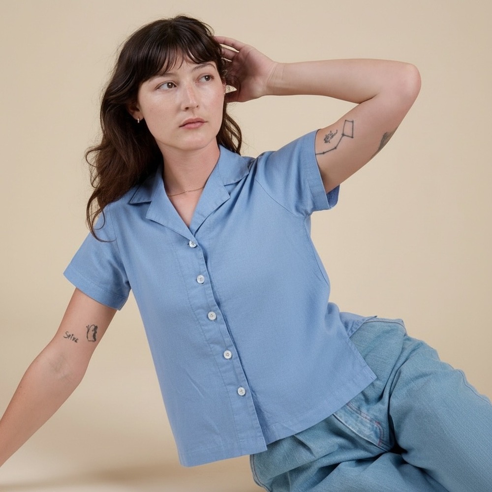 Big Bud Press | Pantry Button-Up Small Blue Unisex Linen Cotton Short Sleeve - Picture 1 of 9